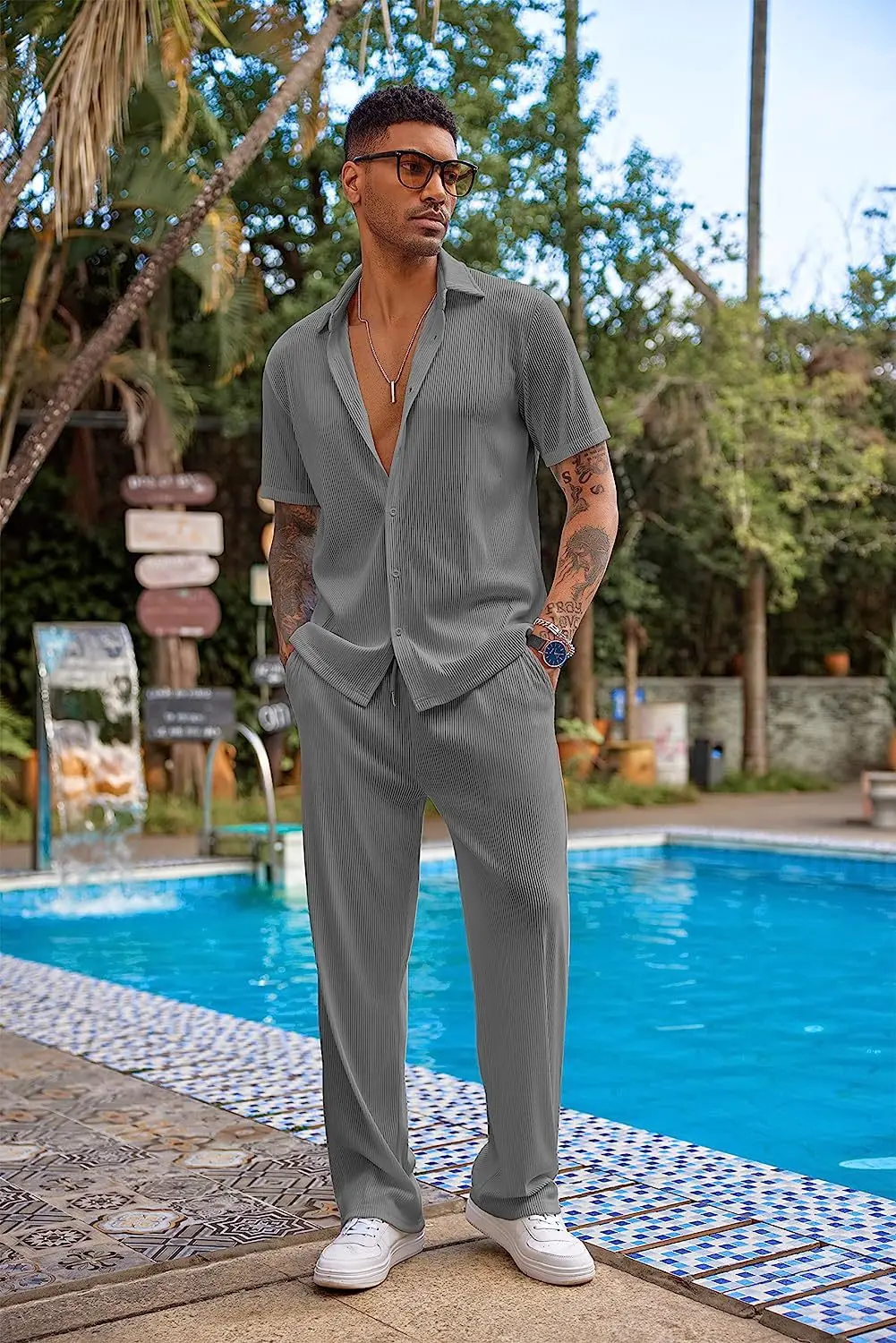 2024 Men Summer Hot Sale Casual Suits Button Solid Color Shirt + Long Pants 2 Piece Set Short Sleeve Tops Casual Suits