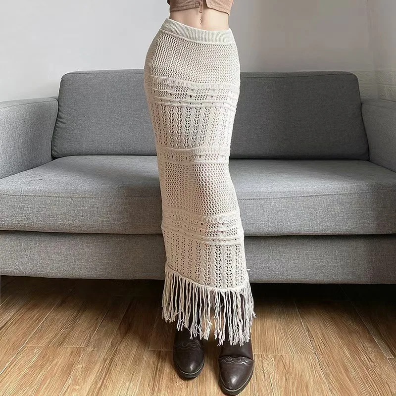 Women 2024 Autumn New Chic Fashion Fringe knitting Skirt Hollow Wool A-line Skirt Long Skirt