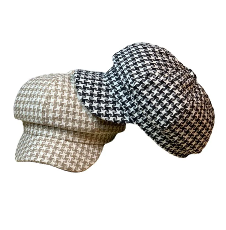 Factory Direct Sales Korean Version Female Hat Female Autumn Winter Houndstooth Hat