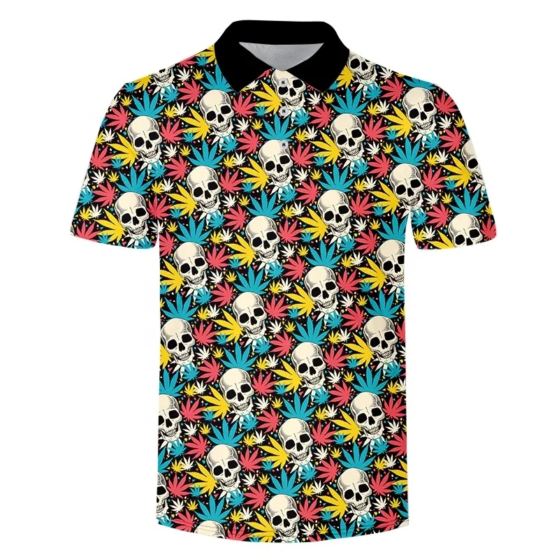 Custom Full Over Sublimation Printing Rose Flowers Skull Pattern Polo Shirts Summer Casual T-shirts Polyester Men Polo Shirts