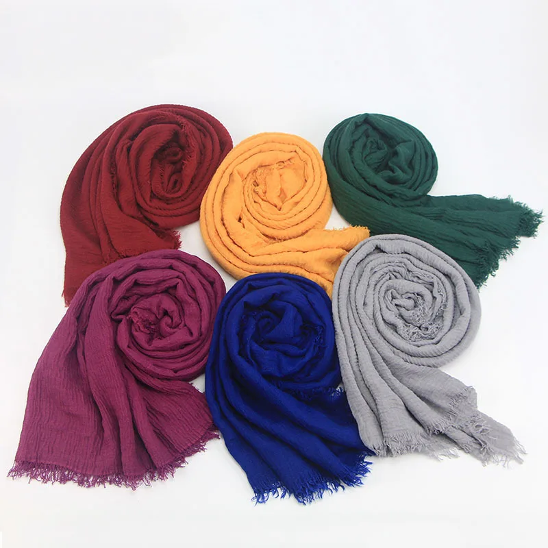 Classic Solid Color Micro Wrinkle 95*180 Cm Cotton Stylish Hijabs Scarfs 2021 Muslim Scarf Women Hijab