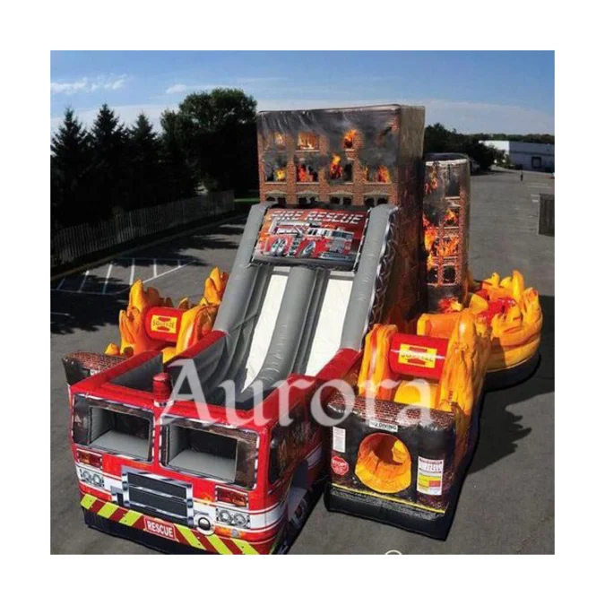 Commercial grade inflatable giant bouncy house water slide fire fighting truck bounce combo fire moonwalk jumping for sale