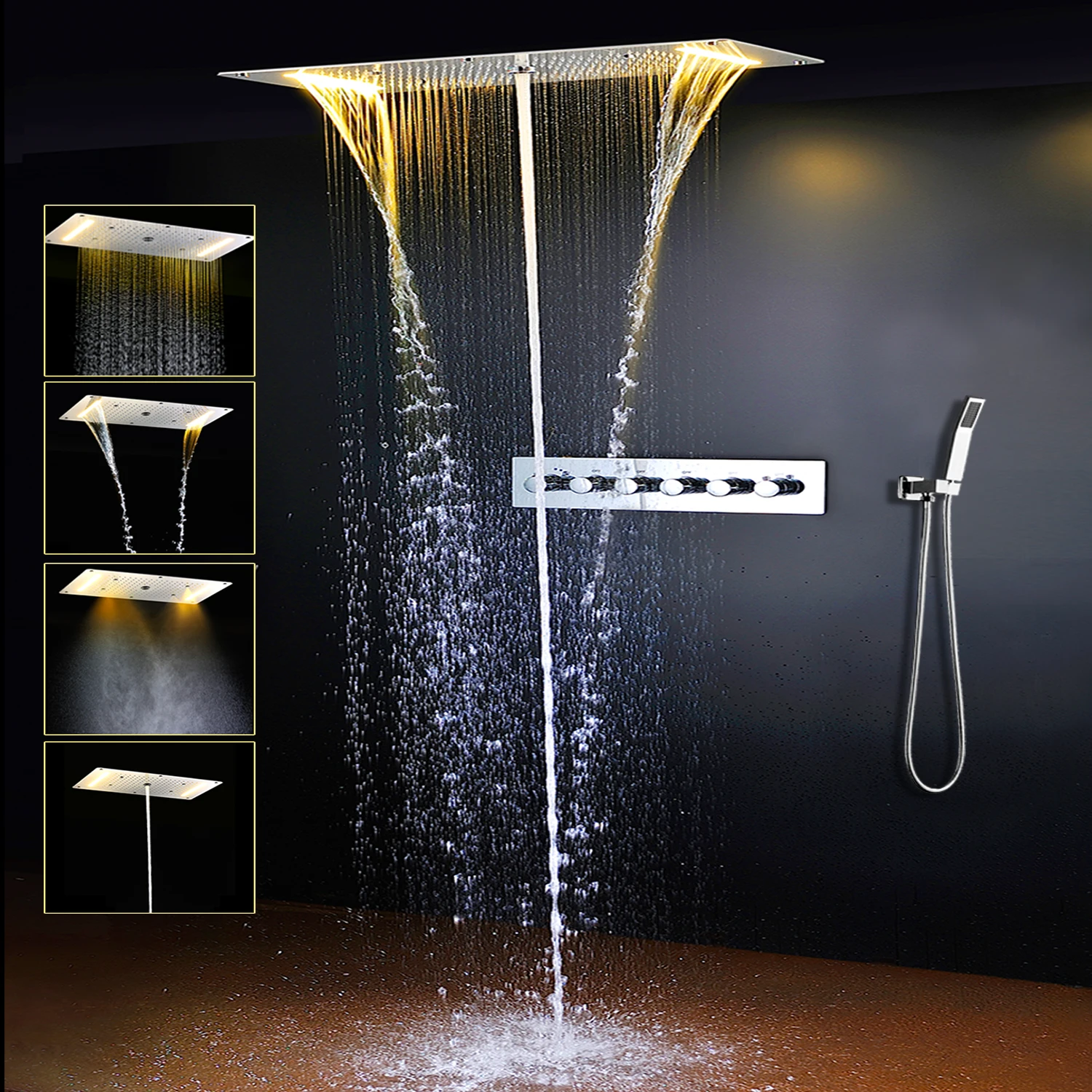 Hotel Luxury Concealed High Pressure 5-settings Waterfall Spa Mist Thermostatic Ceiling Mounted Rain Column Bath Shower Set