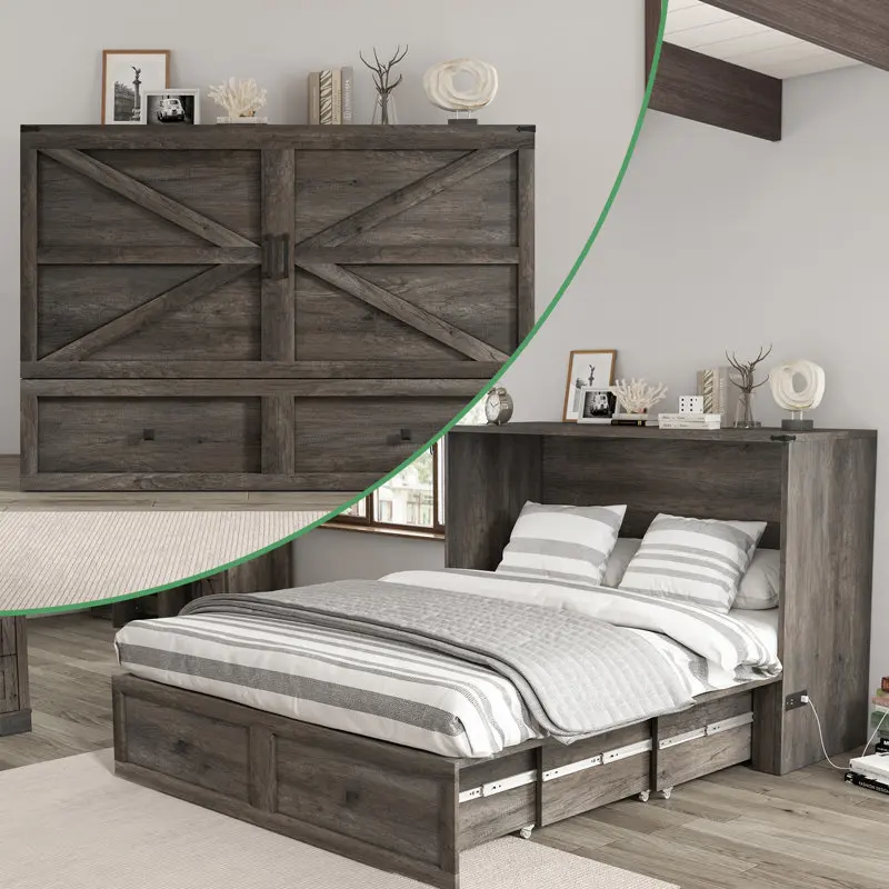 Kainice farmhouse murphy wall bed cabinet queen size solid wood bed with large storage drawers and charging station
