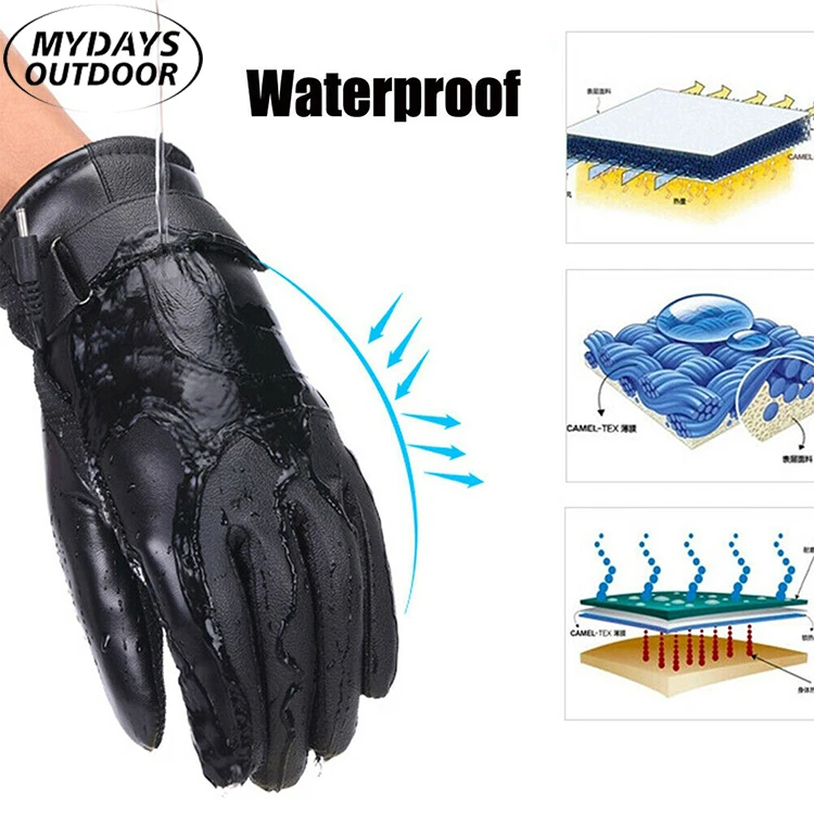 Mydays Tech Full Finger Touch Screen Leather Waterproof Heated Riding Gloves Outdoor Sports Heating Gloves Bicycle Glove