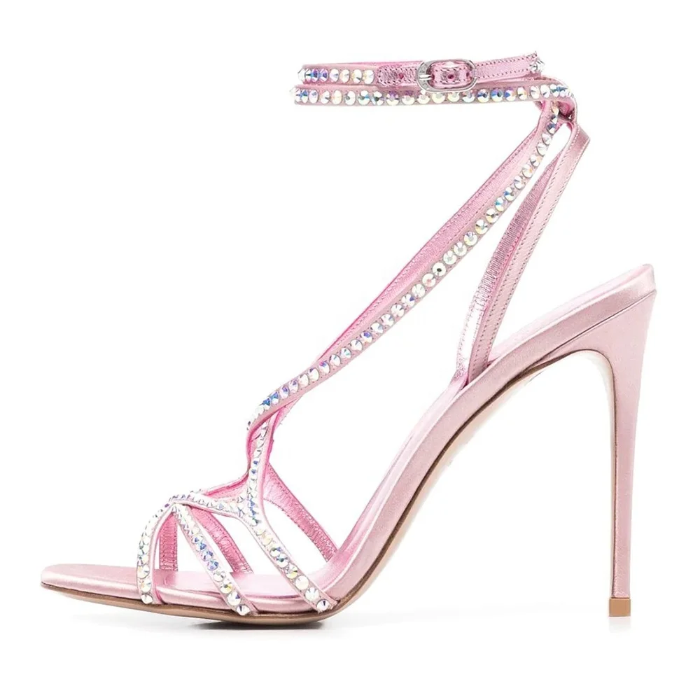2022 Summer Plus Size High Heel Sandals Crystal Strappy Ankle Buckle Strap Round Toe Stiletto Satin Fancy Shoes Heels For Women