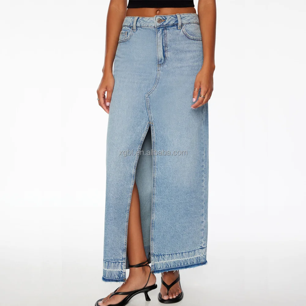 Bufa Women Denim Split Pencil Skirts Women Long Summer Stone Washed Jeans Raw Hem Denim Maxi Skirt