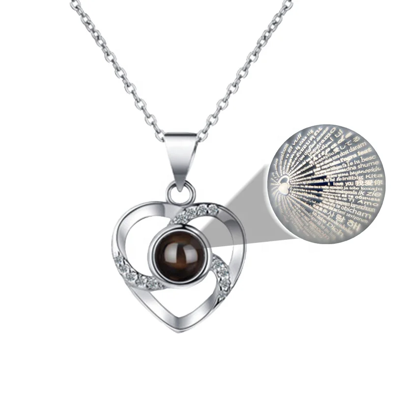 Tibertan Silver Necklace Valentines Day Gift 100 Languages Projection Heart Necklace Necklaces For Women