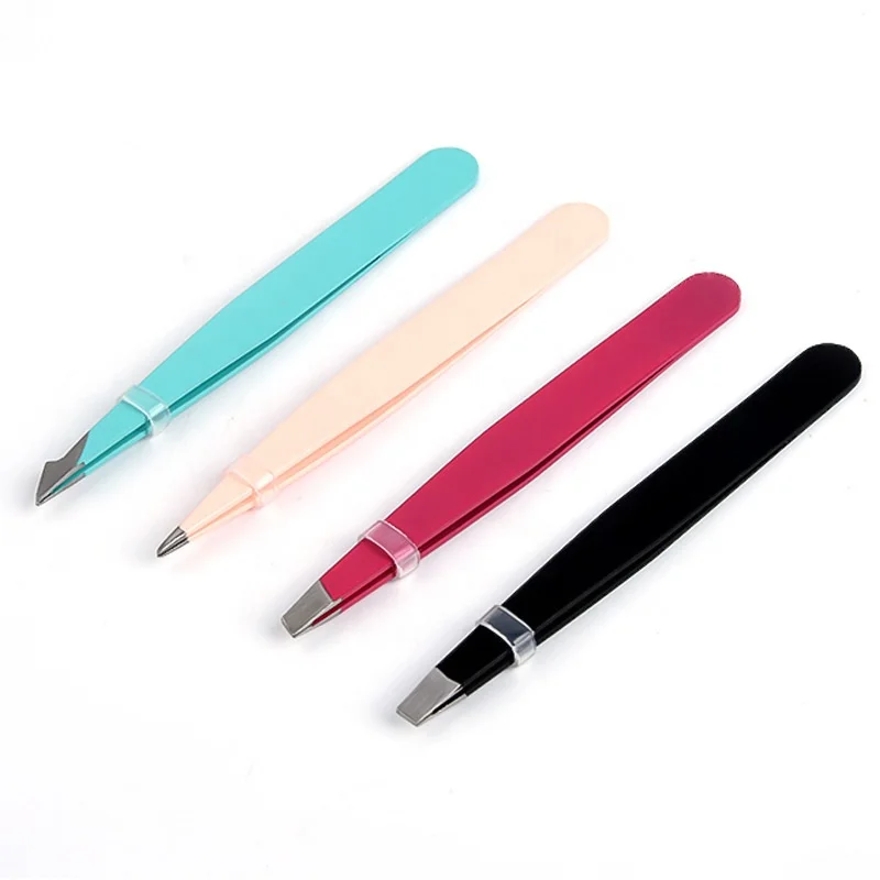 Custom High Quality Stainless Steel Anti Static 4 Colors Slanted Eyebrow Eyelash Tweezers
