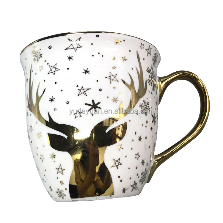YDY Porcelain Factory Cheap Ceramic Porcelain Metal Design Cups Golden Mug Christmas Ceramic Mug Coffee Mugs With Gold Handle