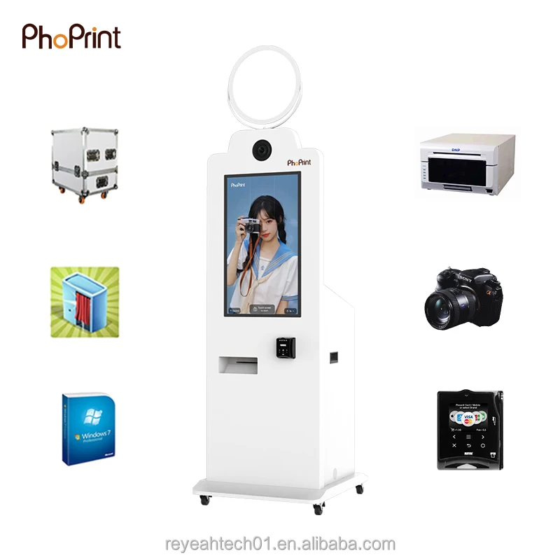 Round 45 Inches Touch Screen Payment Magic Mirror Photo Booth Kiosk With Printer And Camera