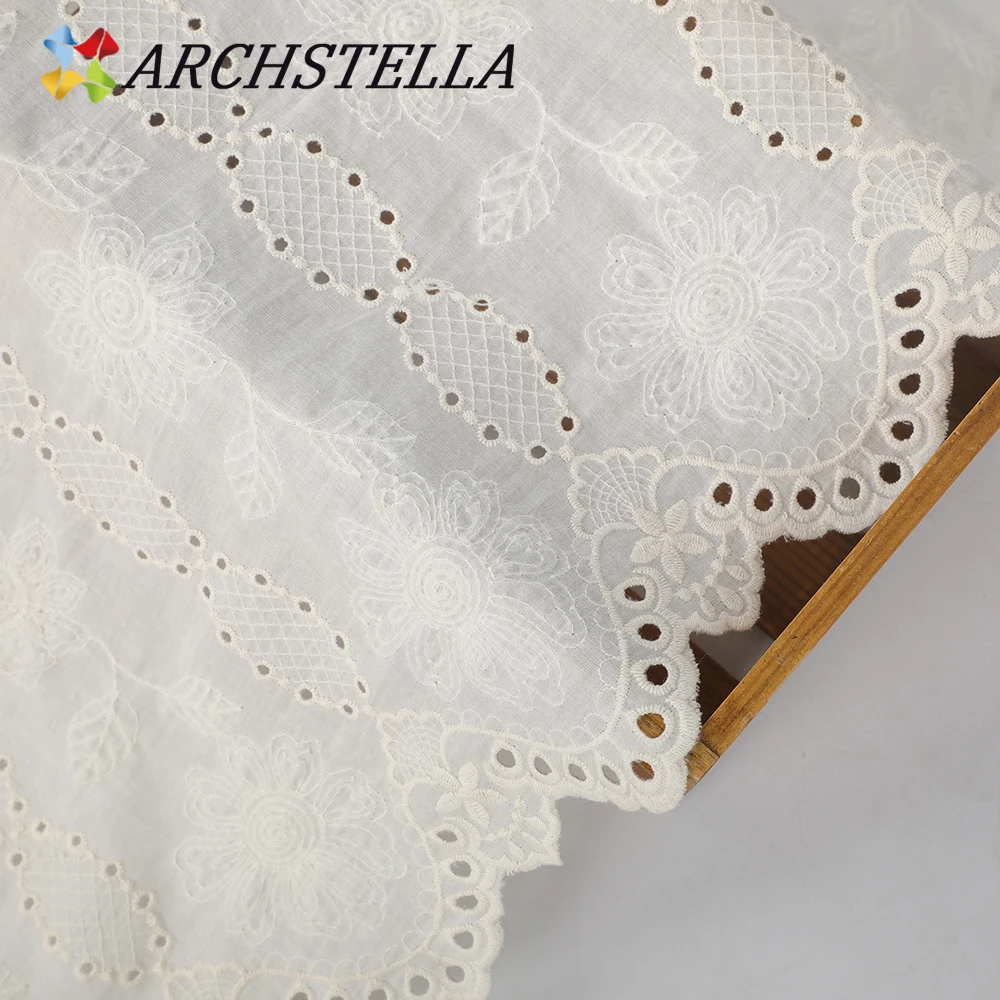ARCHSTELLA Sweet Country Style Hollow White Beige Floral 100% Cotton Water Soluble Embroidered Lace Fabric