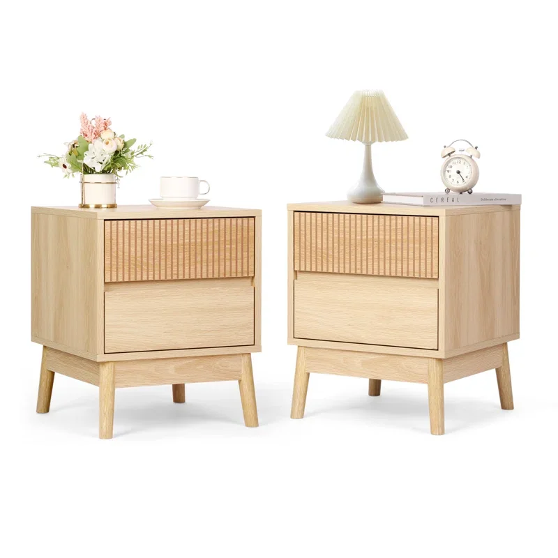2-Drawer Bedside Tables with Solid Wood Legs for Bedroom, Modern Night Stand Side Table for Small Space Living Room End Table