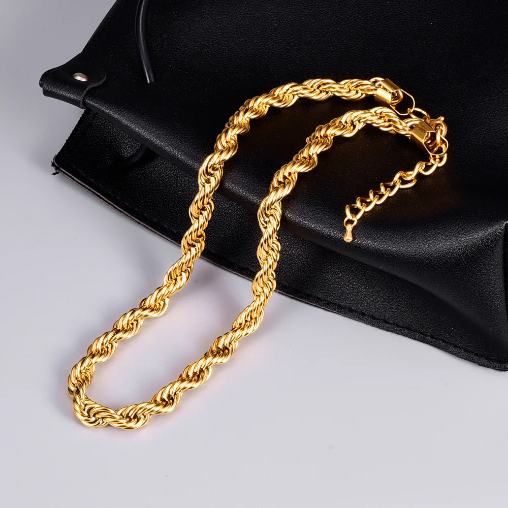 7mm Hip Hop 18K Gold Plated Stainless Steel Thick Twisted Rope Chain Choker Necklaces For Women