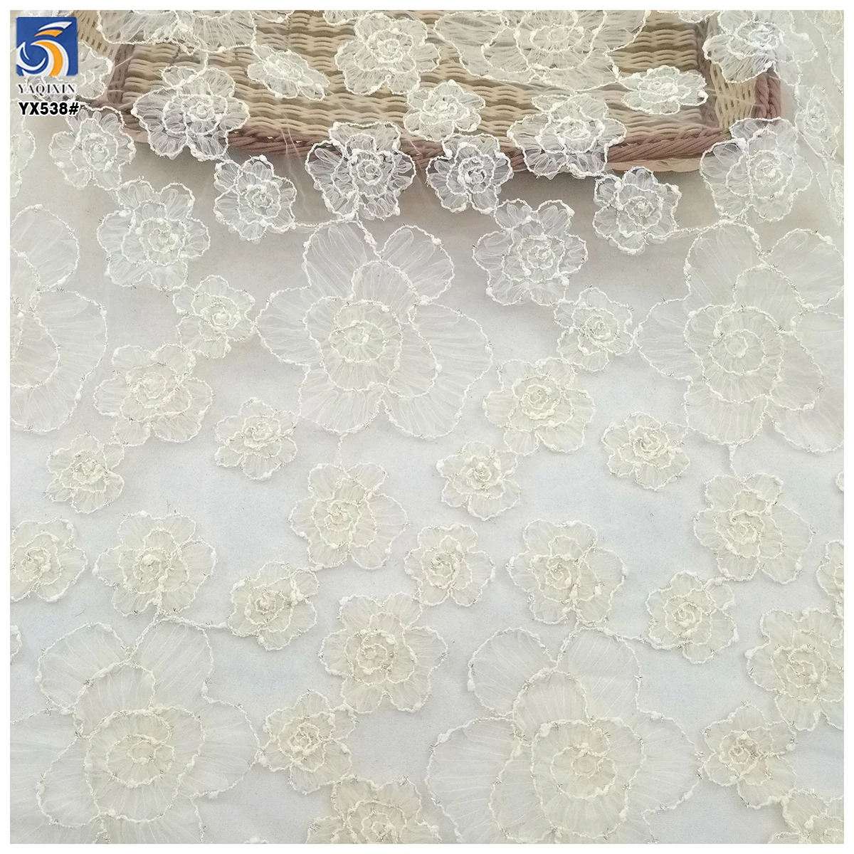 YX538 2025 New Products Hook Flowers Mesh Embroidery Fabric Dresses Women White Tulle Embroidery Fabric