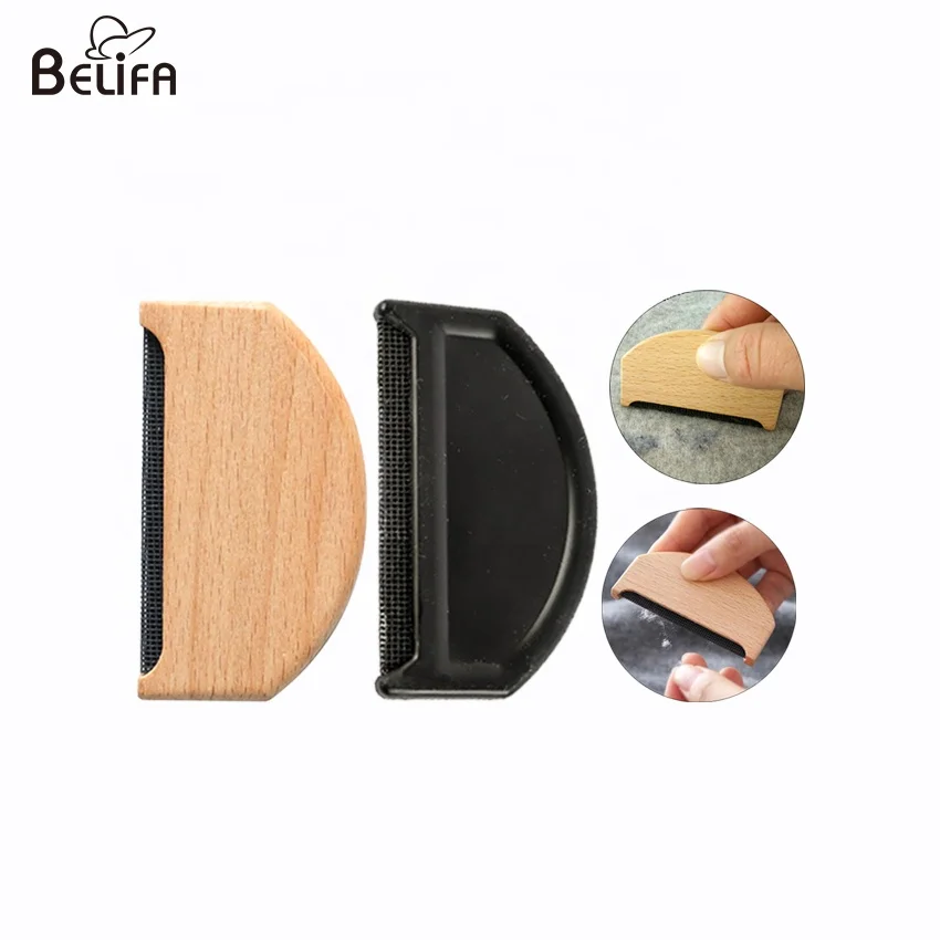 Eco friendly portable fabric lint remover black plastic natural wooden wool pilling sweater cashmere comb
