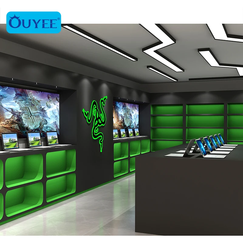 Custom made elegant  laptop display cabinet design counter computer table laptop showroom design