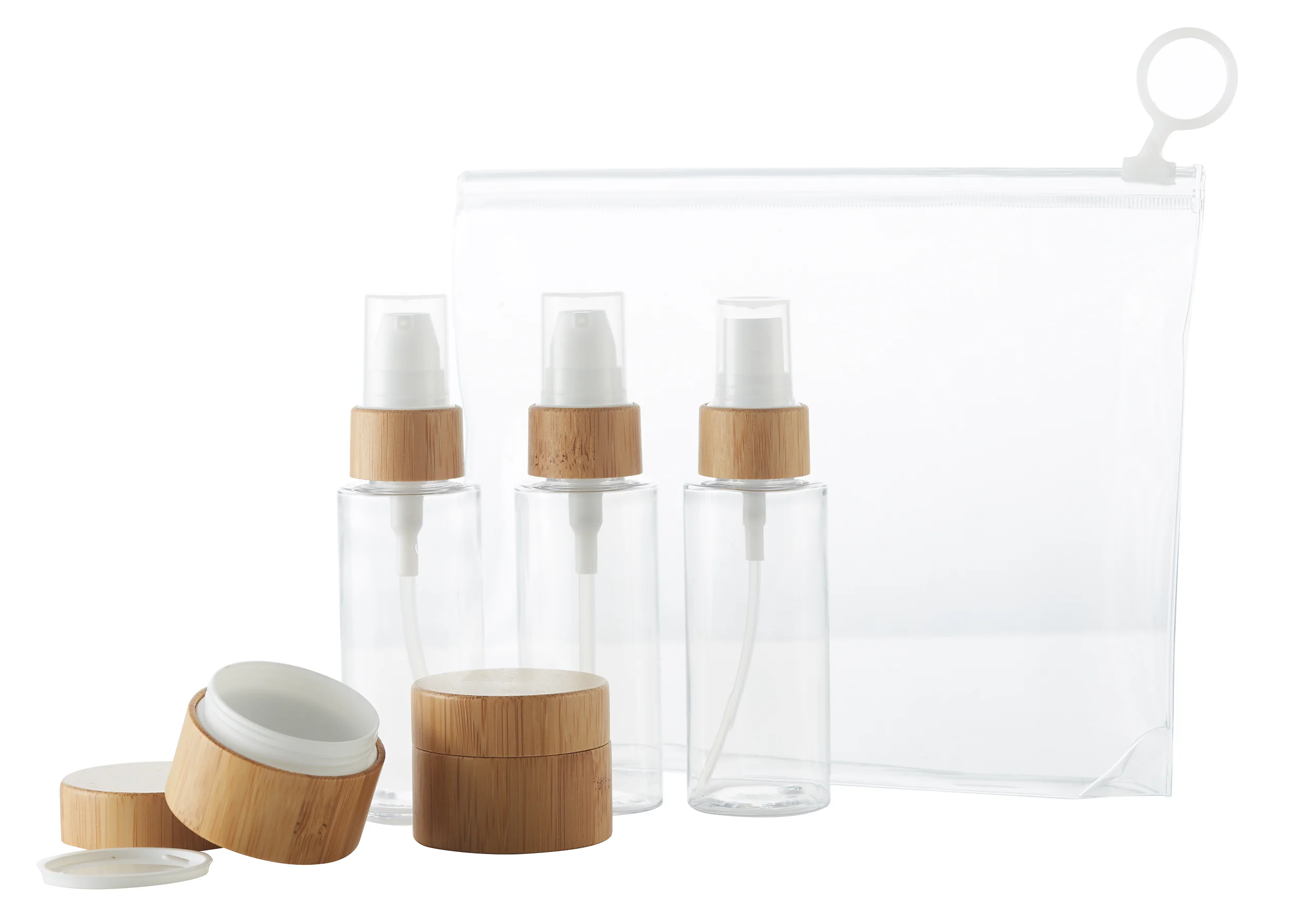 
PET bamboo spray bottles packaging travel set cosmetic travel bottle and jar 