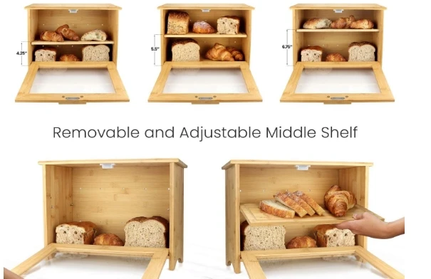 Bamboo Bread Box for Kitchen Countertop Double Layer Bread Storage Bin with Clear Windows Rustic Farmhouse Style Bread Bin
