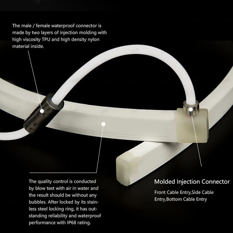 Male And Female Connection PVC Side Bend IP68 Waterproof 12W/m 24V 2835 Neon Flex LED Rope Light