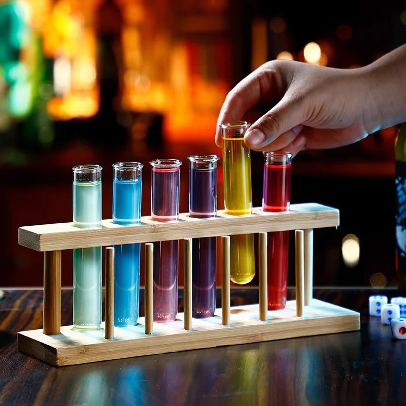 Bar Pool Party Test Tube Shot Glass Set Mini Small Drinking Vodka Whiskey Cocktail Glasses with Wooden Stand