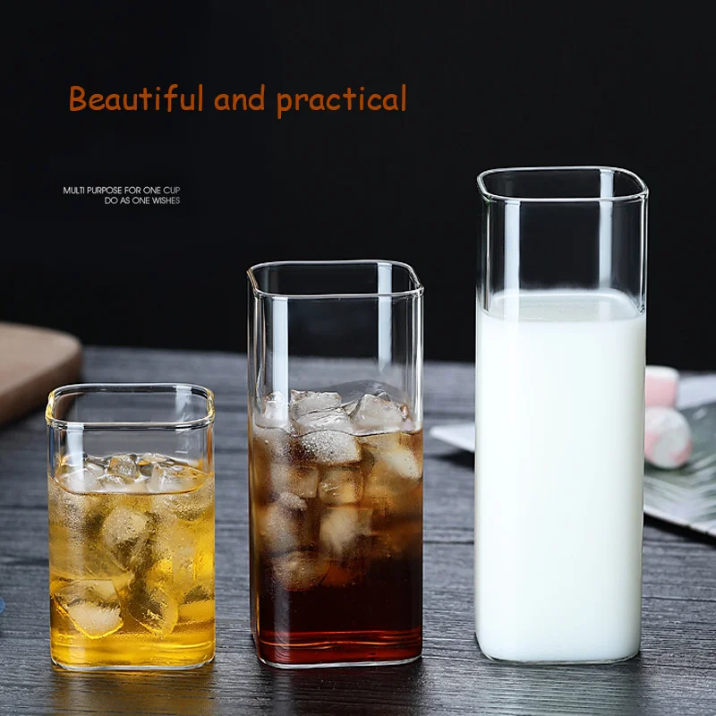  wholesale 250ml 350ml 450ml square Borosilicate glass water cup transparent drinking mug straight for juice milk tea coffee