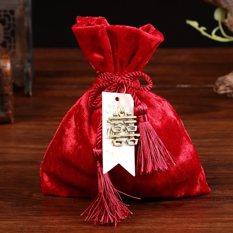 11cm*14cm Red Pink Tassel Velvet Bag Drawstring Candy Pouch Packing Bags Wedding Bag