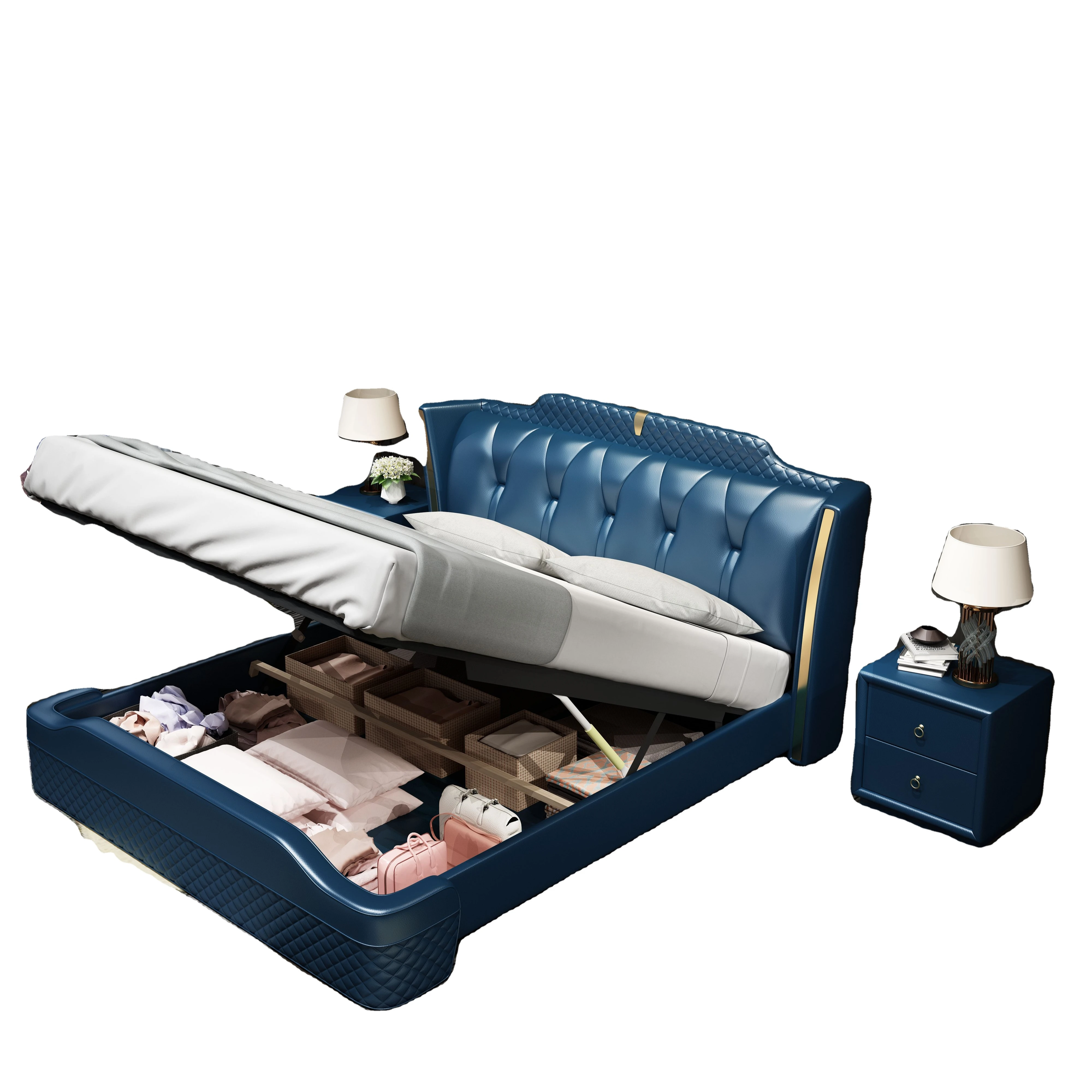 
Modern light luxury bedroom sets genuine leather king size double bed modern bedroom furniture 