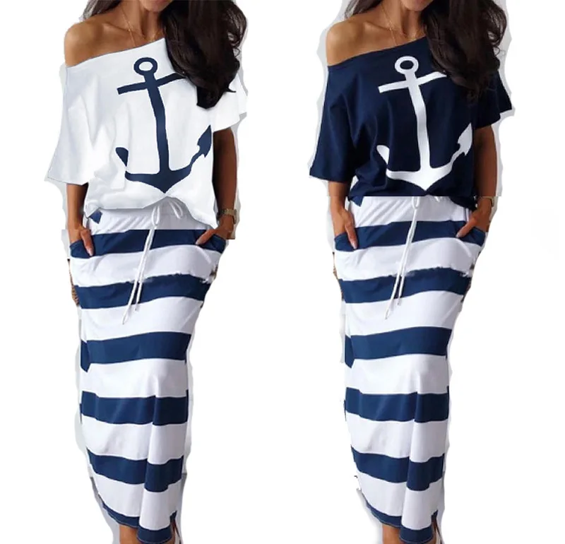 Women Ladies Casual Sailor Top Ruffle Long Maxi Dress Skirt Set Summer Sundress