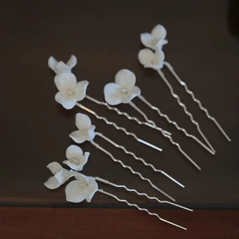5Pcs/set Handmade Ceramic Flower Bridal Hairpin High Quality Pearl Wedding Headpiece For Women Prom Jewelry Gift