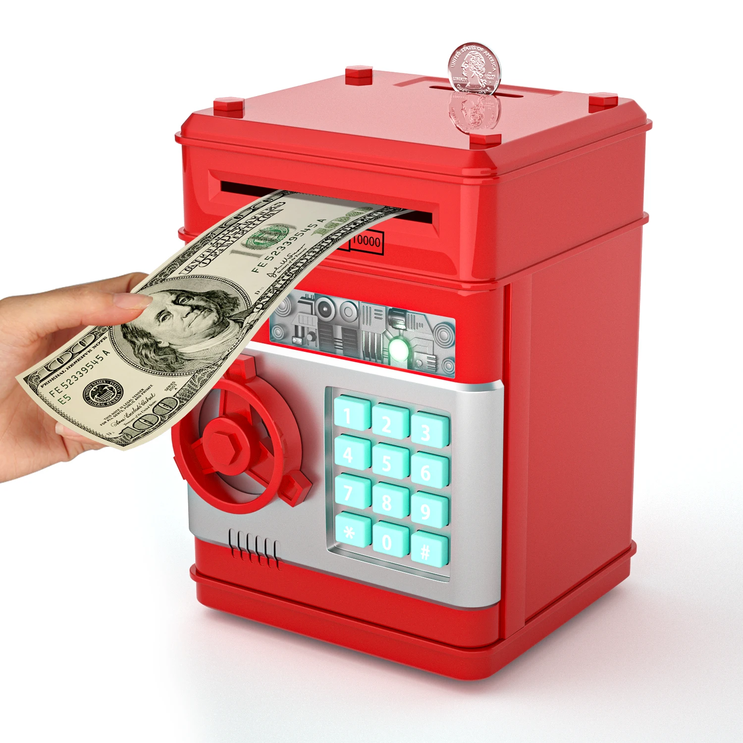 Personalized promotional password lock atm machine digital safe box red piggy bank automatic roll money for birthday present
