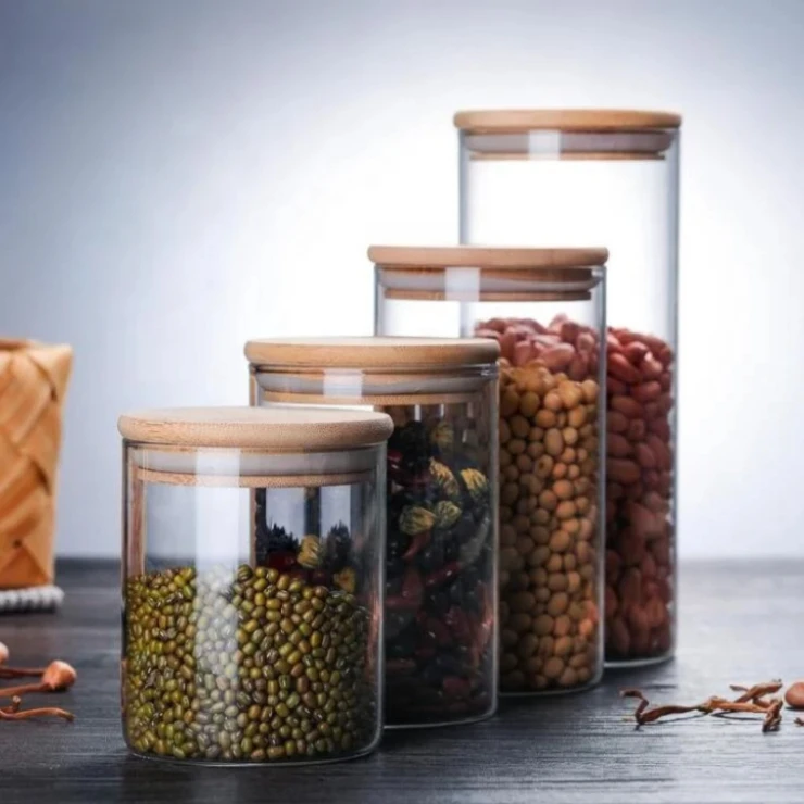 Glass Storage Jars with Bamboo Lid Cylinder Cereal Container kitchen tank glass jar