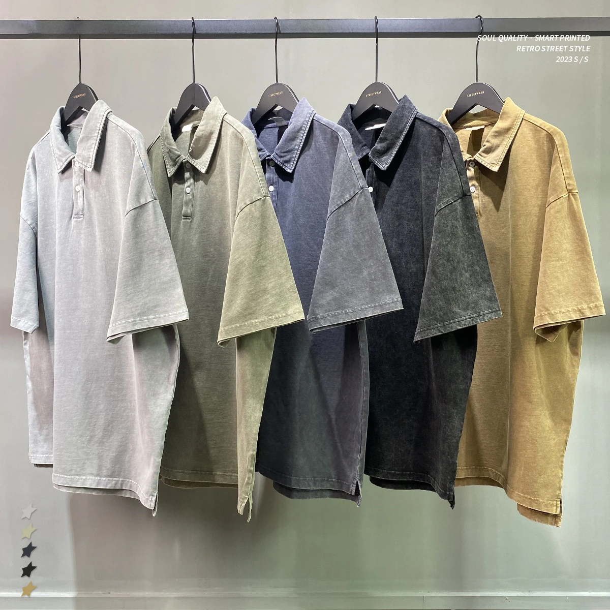 Wholesale Tight Double Yarn Cotton Batik Wash Water Old Lapel Button Slit T-shirt Men Oversized Acid Wash T shirt