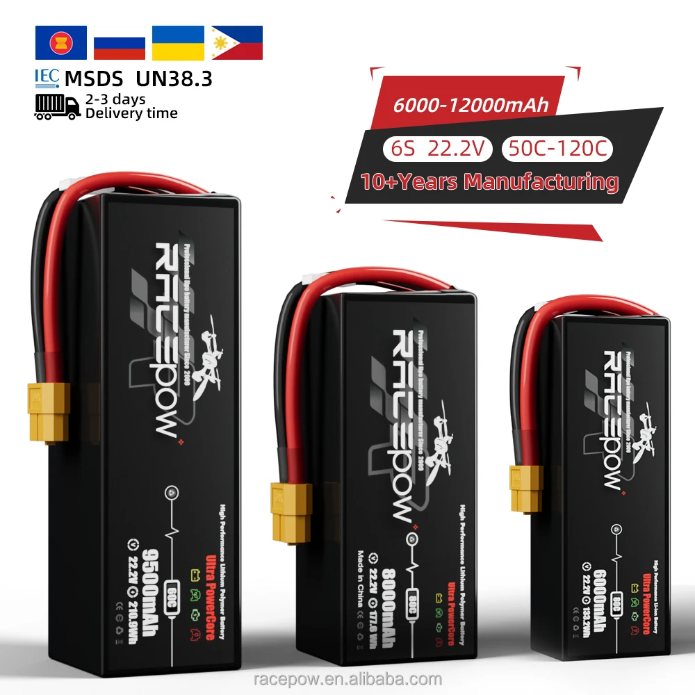 Racepow FPV Drone Batteries 5200/6500/7000/8000/9000/9500/10000/12000mAh 22.2V 6S 100C Lipo Battery for FPV Multi-axis drone
