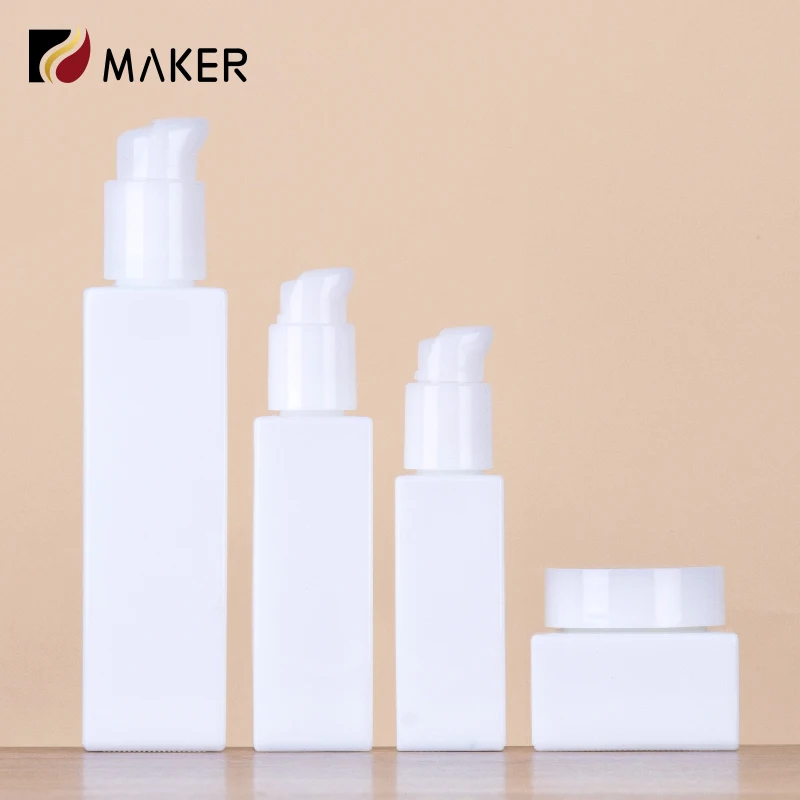 Empty Square White Jade Glass Cosmetic Bottle Set 30ml 50ml 100ml 120ml 50g Cream Jar Emulsion Lotion Bottle With Bamboo Lids
