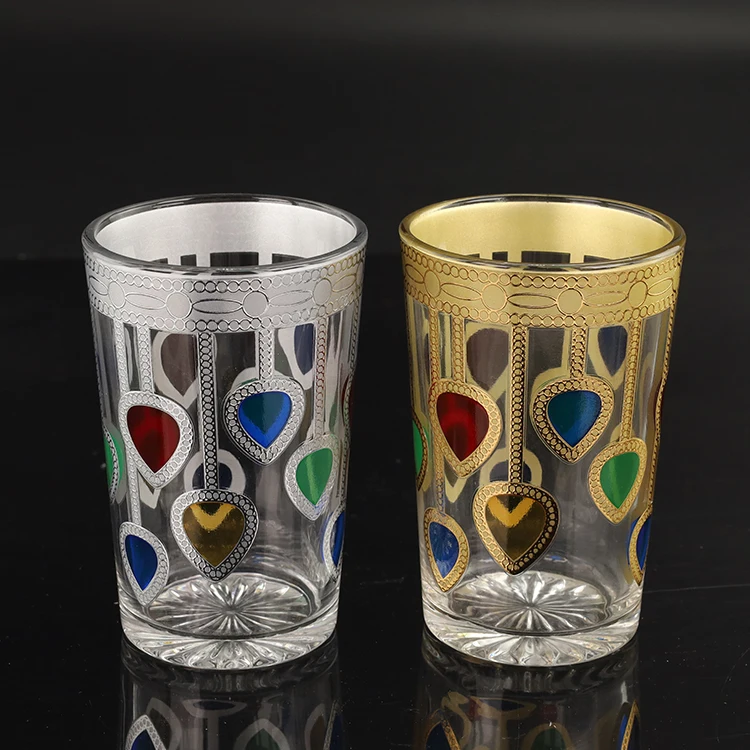 12pcs 6OZ glass tumbler Moroccan Silver And Gold Decal Glass TeaCup Tumbler Turkish tea cup
