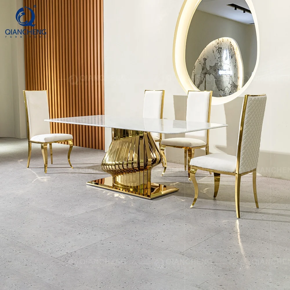 QIANCHENG new design full dining table set indoor glamour 4 6 8 12 seats italian furniture composite marble dinning hall set