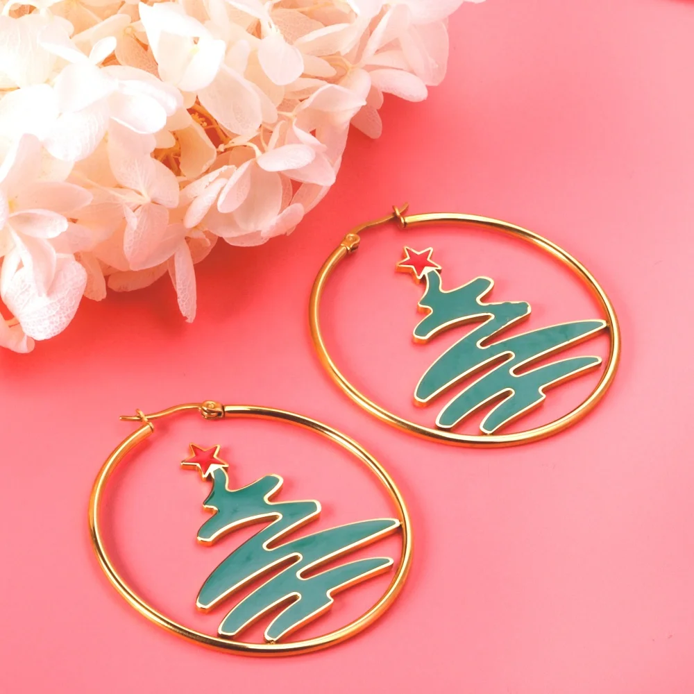Hot Sale Christmas Jewelry Earrings Hypoallergenic PVD Gold Plated Christmas Elements Drip Oil Stainless Steel Earrings