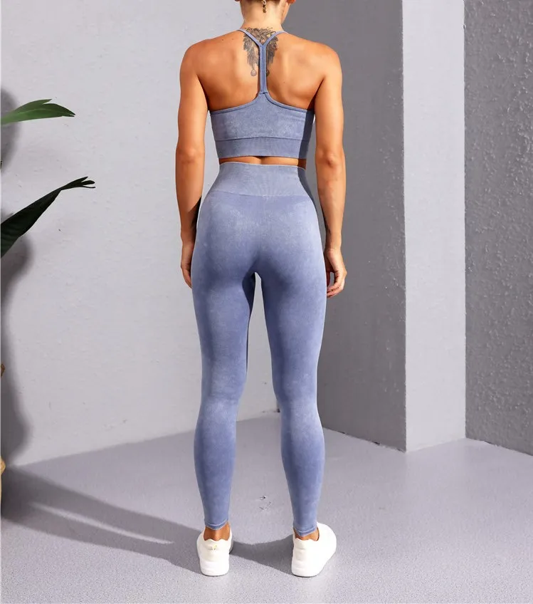 KB Acid Wash Yoga Set Faux Denim Seamless Fitness Yoga Sports Bra and Leggings Running 2-Piece Set
