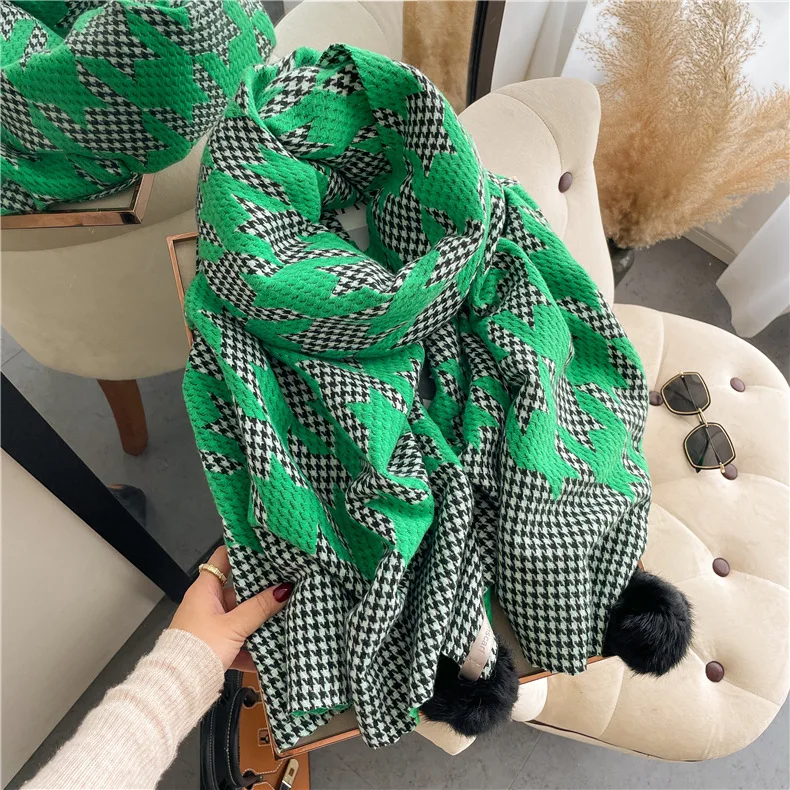 2022 Korean Winter Girls Ladies Scarves With Faux Fur Pom Pom Warm Pashmina Wraps Double Sided Cashmere Shawls Scarf