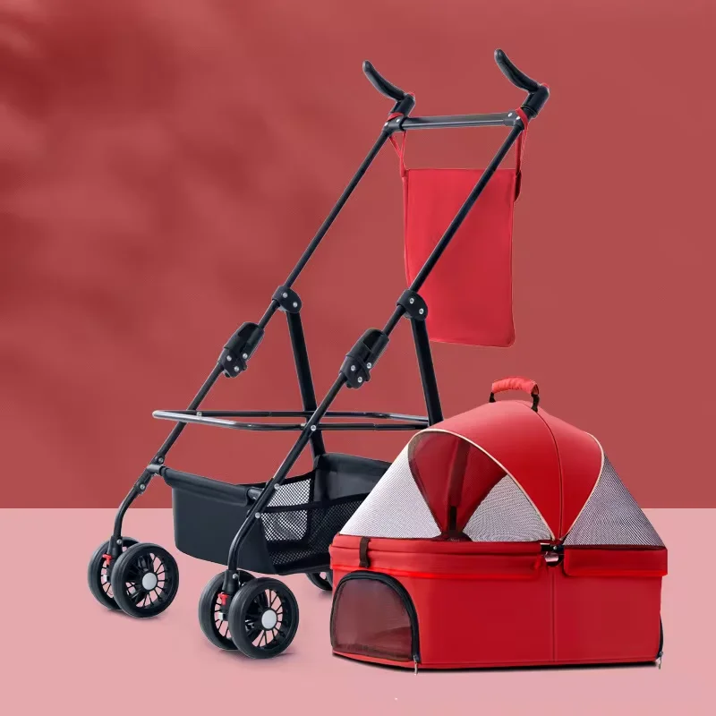 Foldable Pet Stroller City Walk 4 Wheels Baby Strollers Pet Carriers Stroller For Dogs And Cats With Storage Basket