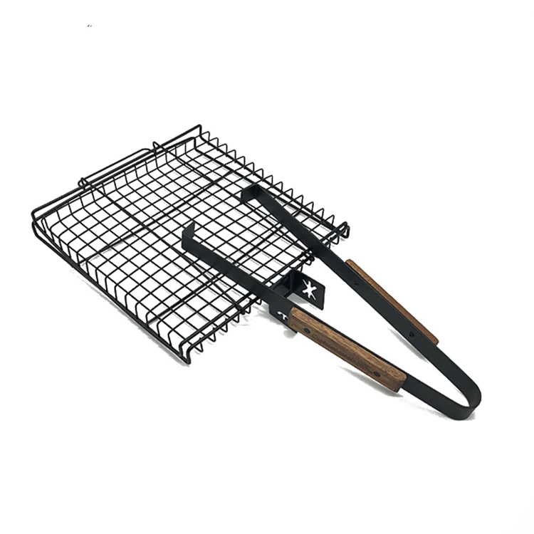 Stainless steel baking bbq grill wire mesh barbecue grid basket with separated wooden handle