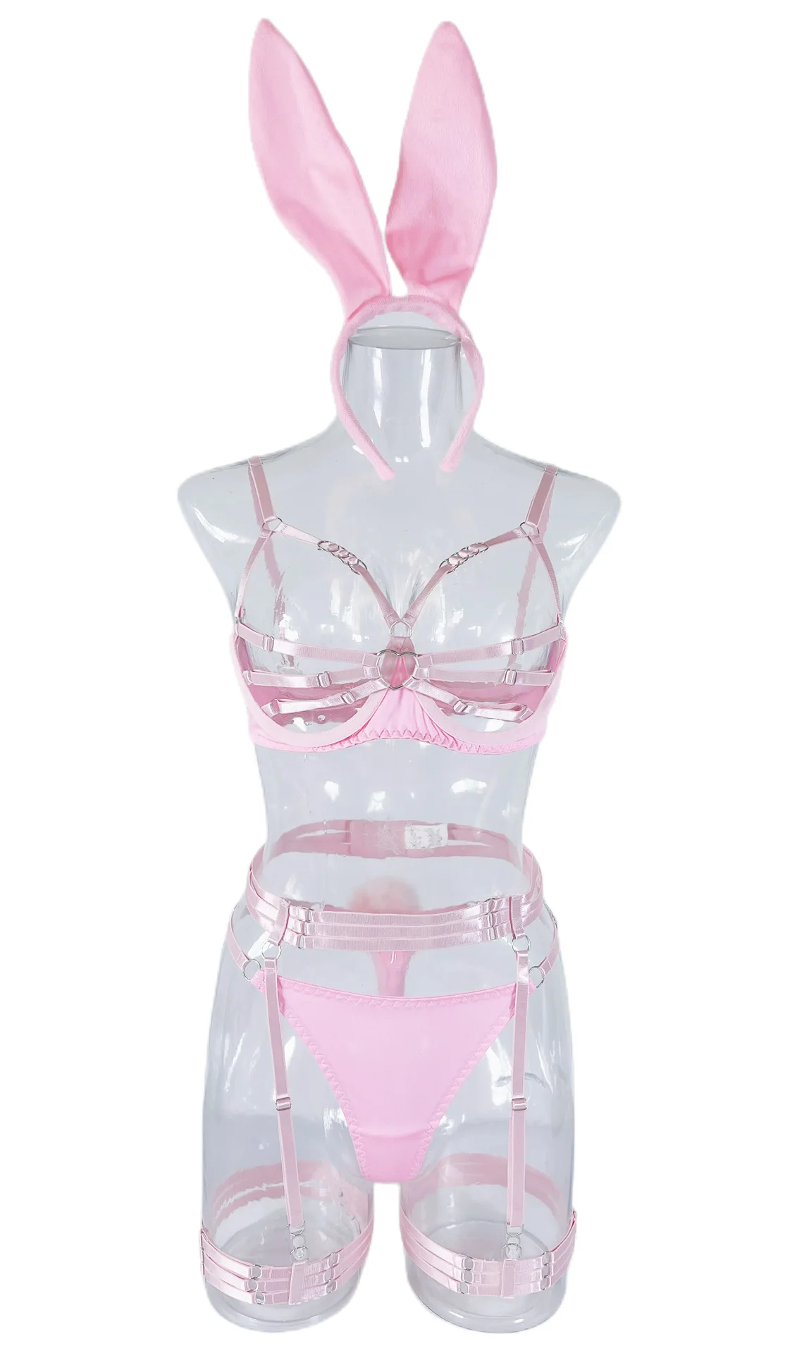Halloween Costume Play Pink Bunny Ladies Set With Bandage Bra Pantie Garter Rabbit Tail Headband Hollow Out Women Lingerie Set