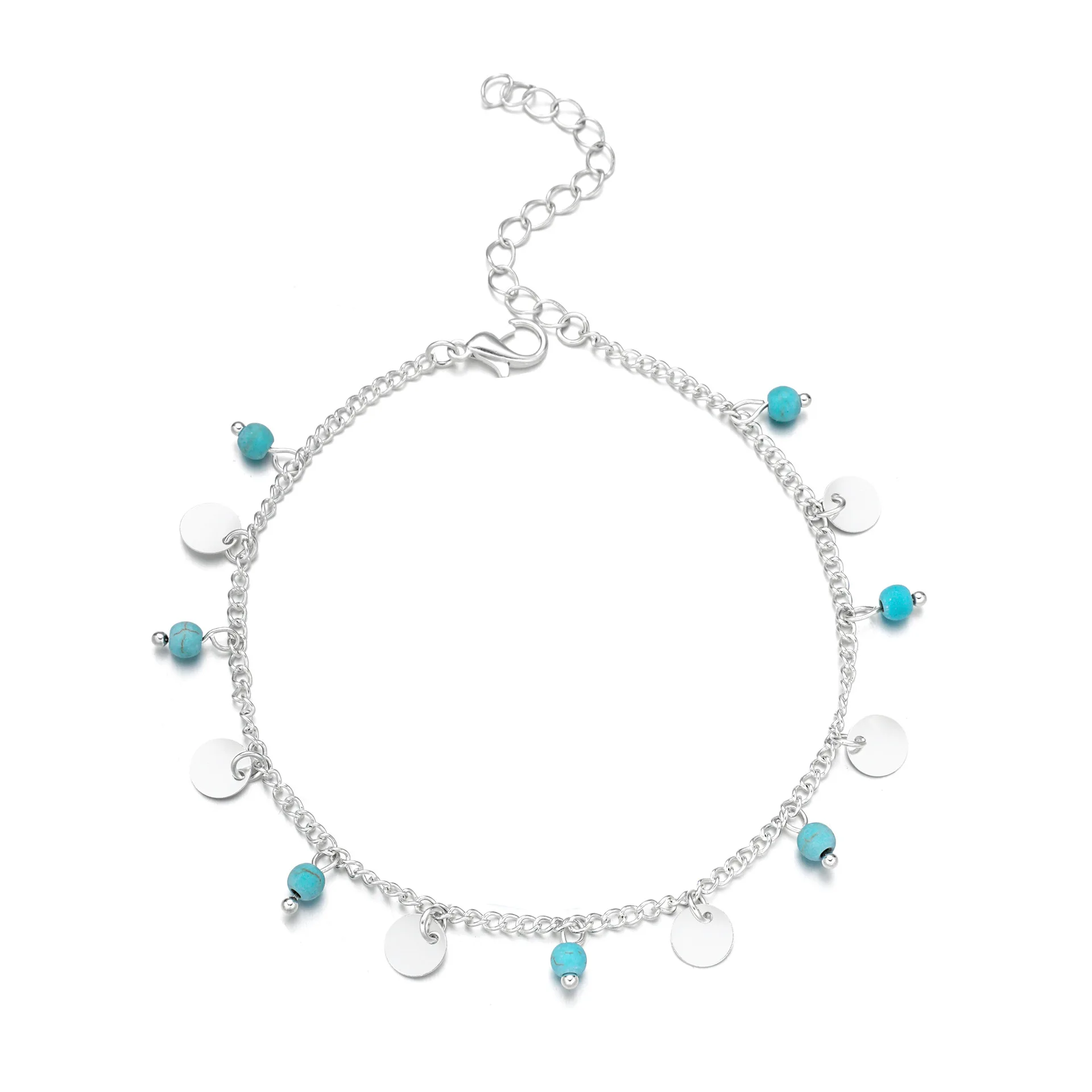 2Pcs Ankle Chain Foot Jewelry Versatile Girls Simple Stylish Design Double Layer Round Disc Turquoise Anklet For Women