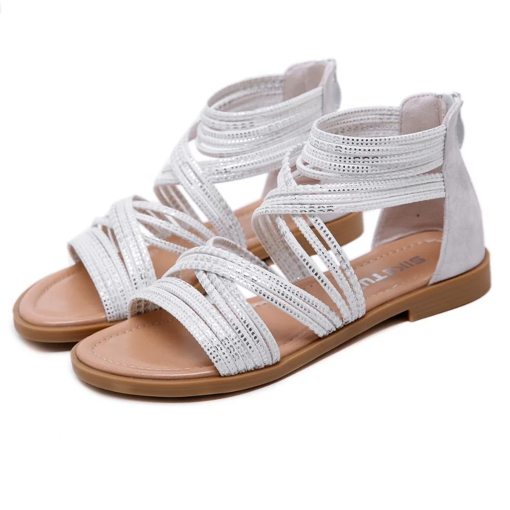 White Leather Women Sandals Rome Style Summer Woman Gladiator Sandals With Zip Female Flat Sandals Lady Beach Sandalia