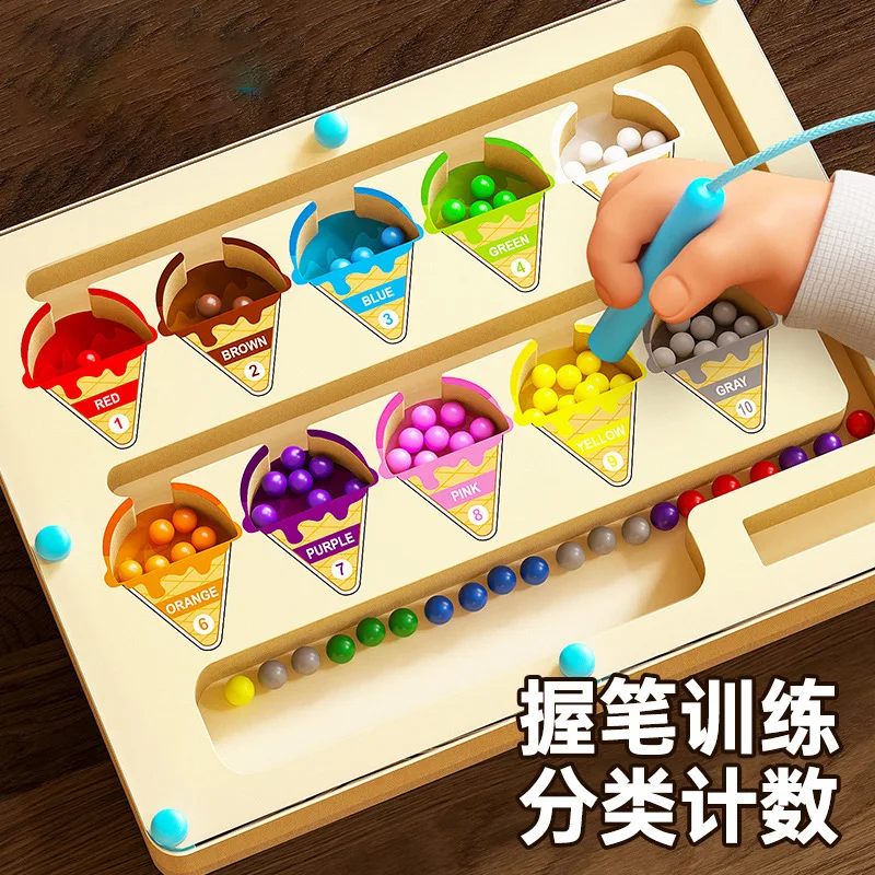Montessori Magnetic Color Sorting Games Maze Board Pen Moving Bead Games Wooden Control Sensory Play Educational Toys for Kids