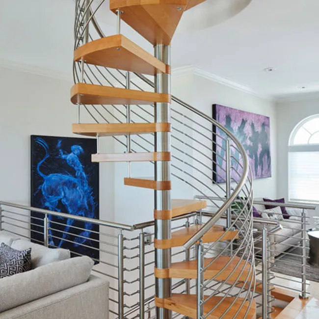 Prefabricated spiral stairs DIY small space powder coated carbon steel center beam wooden spiral stairs