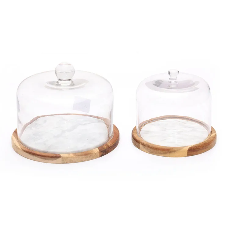 Wholesale Royal Style Acacia Wooden Marble Cheese Cake Dessert Plate Stand with Glass Dome
