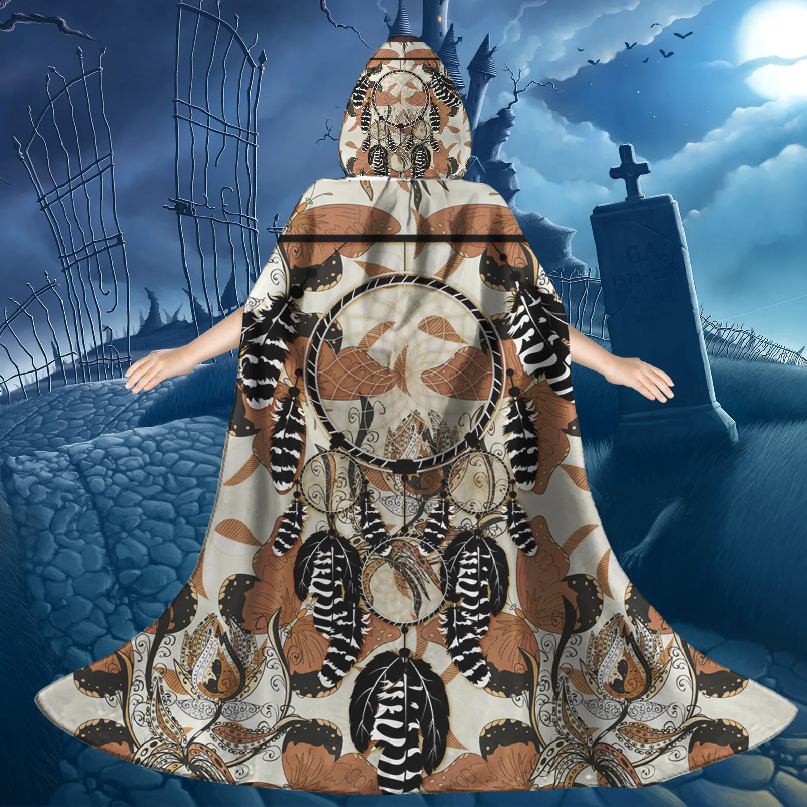 Yellow Drean Catcher Custom Print Kids Hooded Cloak Halloween Witch Cape for Celebrate Chilldren Wear 3D Digital Printing