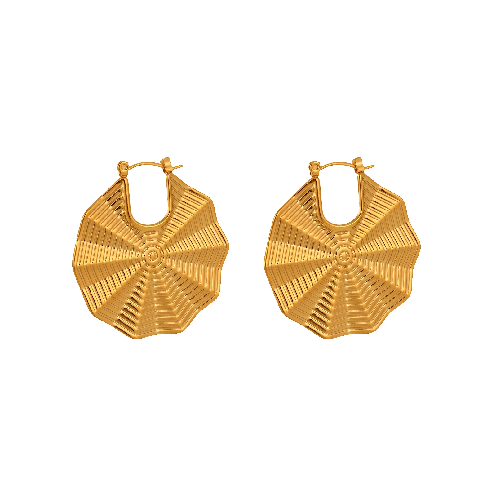 Ins Fashion 18k Gold Plated Fan Shaped Vintage Earrings Non Tarnish Stainless Steel Statement Chunky Gold Earrings